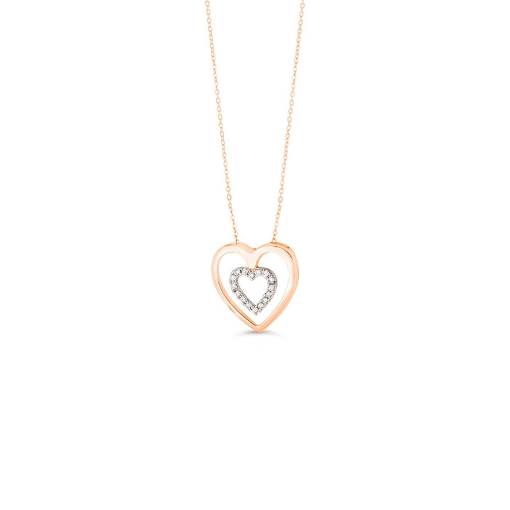 10K rose gold double heart diamond pendant on its cable chain, second view
