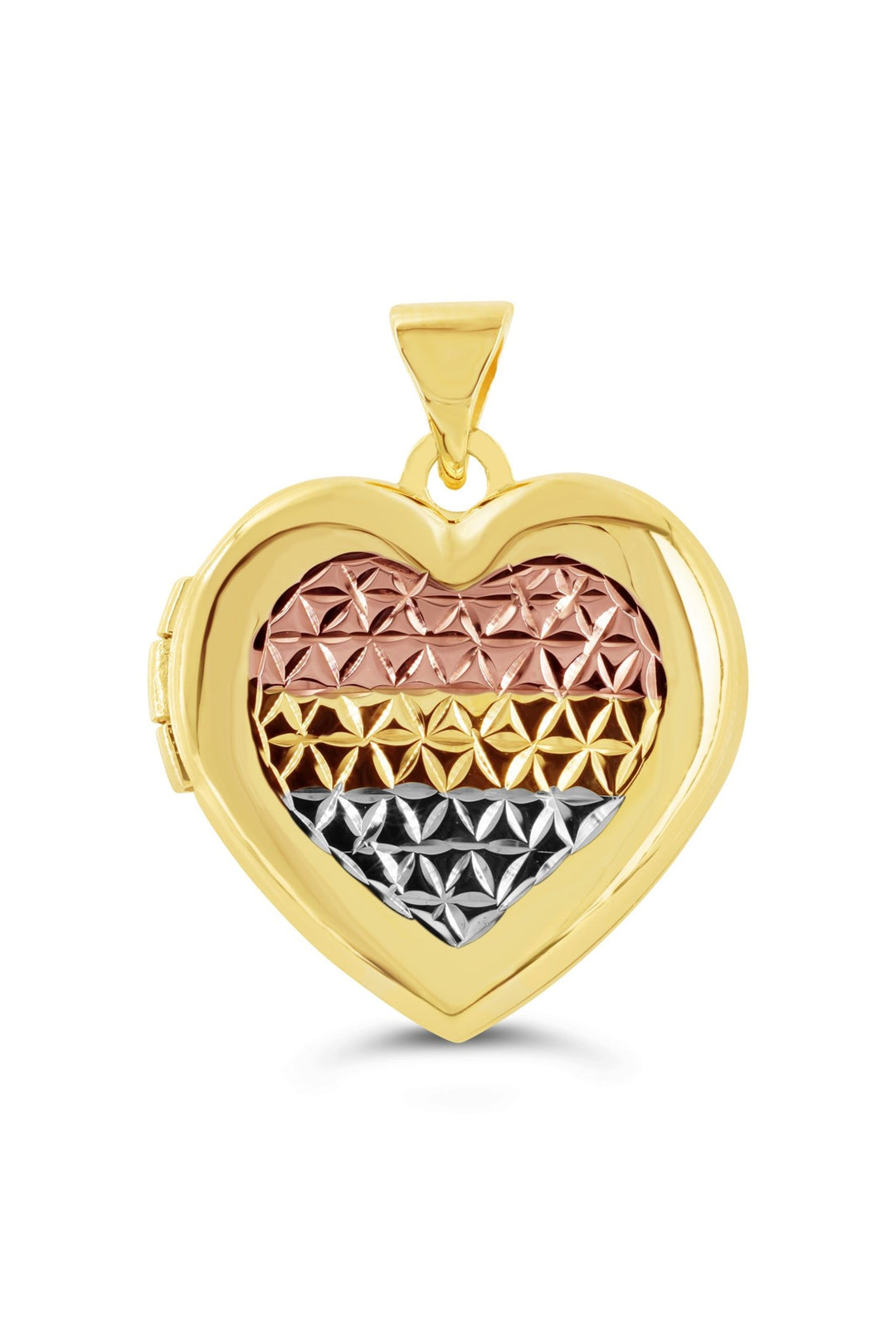10K tri-colour gold heart locket with diamond-cut rose, yellow and white gold bands
