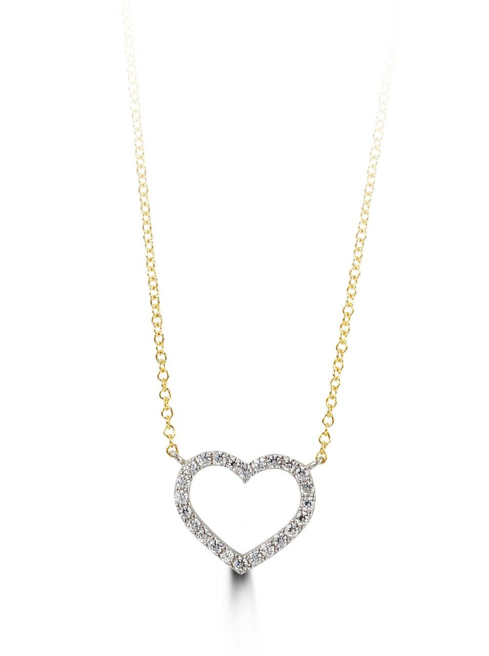 10K two-tone gold necklace with a white gold open heart lined with cubic zirconia on a yellow gold chain