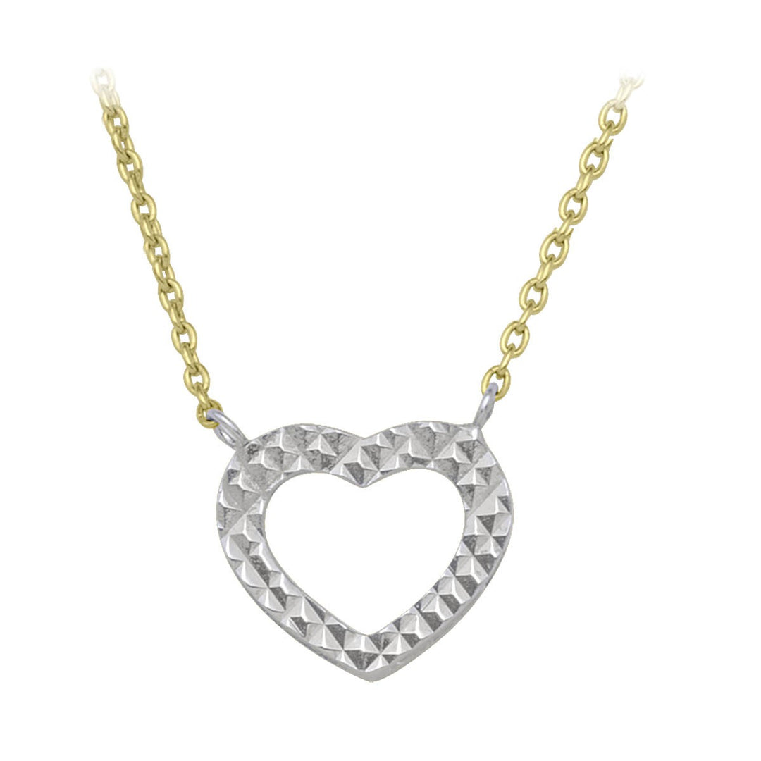 10K two-tone gold necklace with a diamond-cut white gold open heart on a yellow gold chain