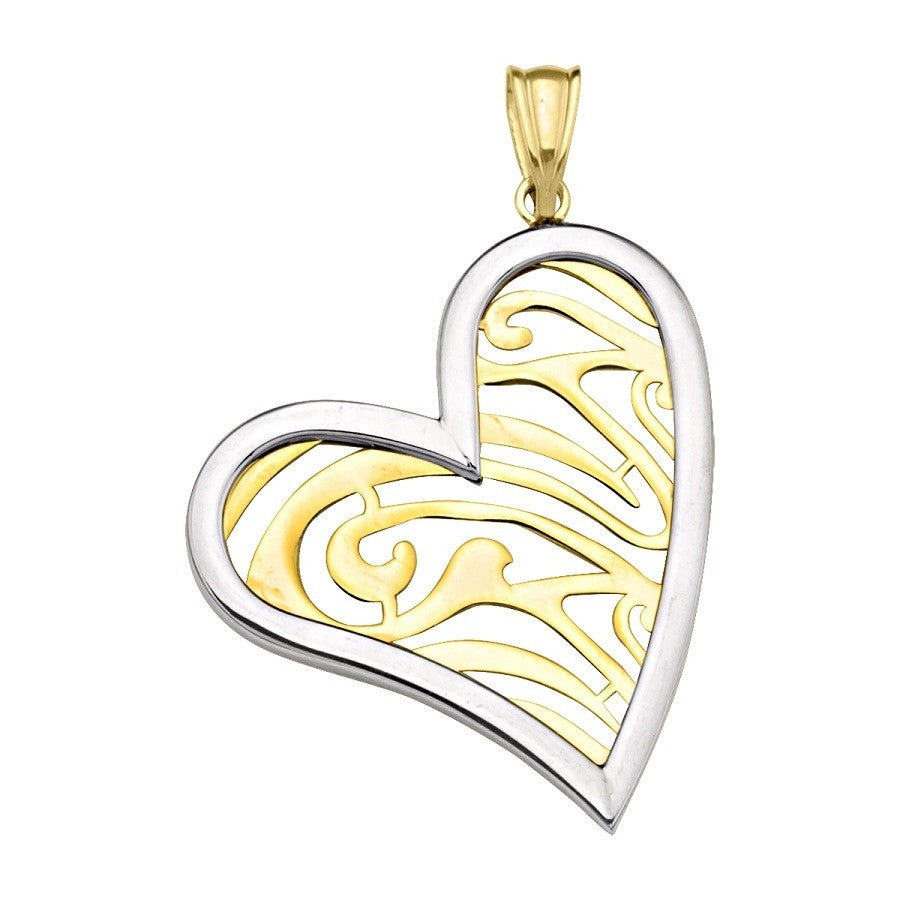 10K two-tone gold heart pendant with a white gold frame and yellow gold scrollwork