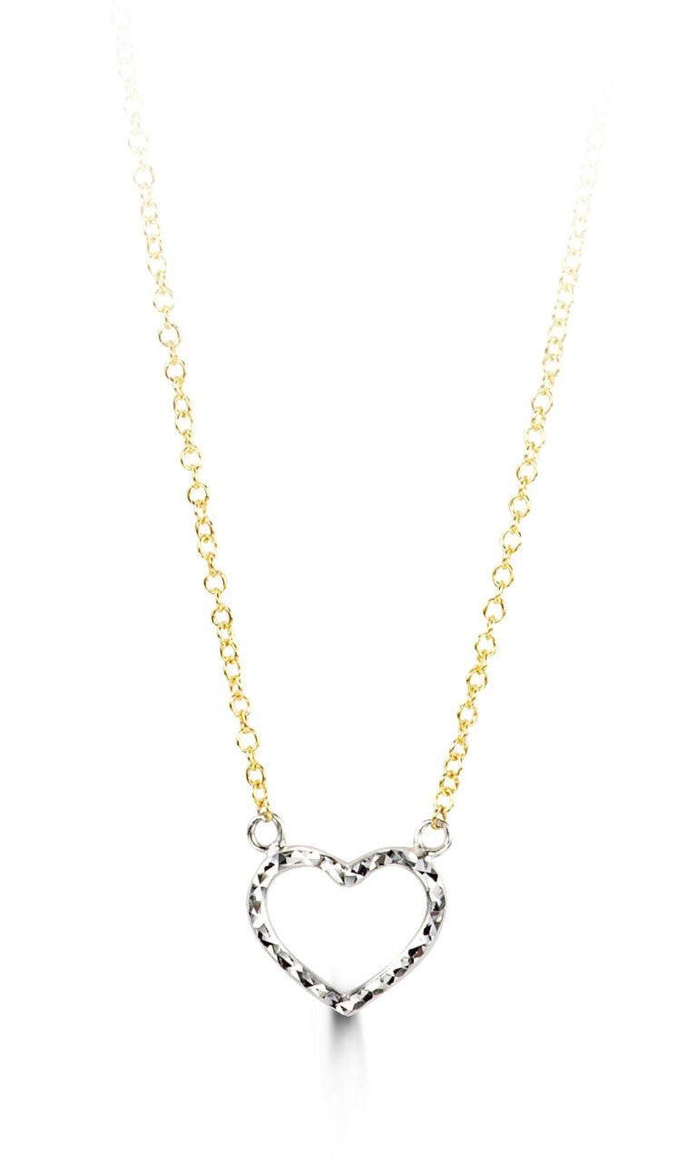 10K two-tone gold necklace with a small diamond-cut white gold open heart on a yellow gold chain
