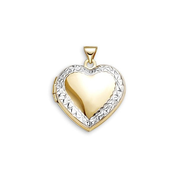 10K two-tone gold heart locket with a polished yellow gold heart and diamond-cut white gold border