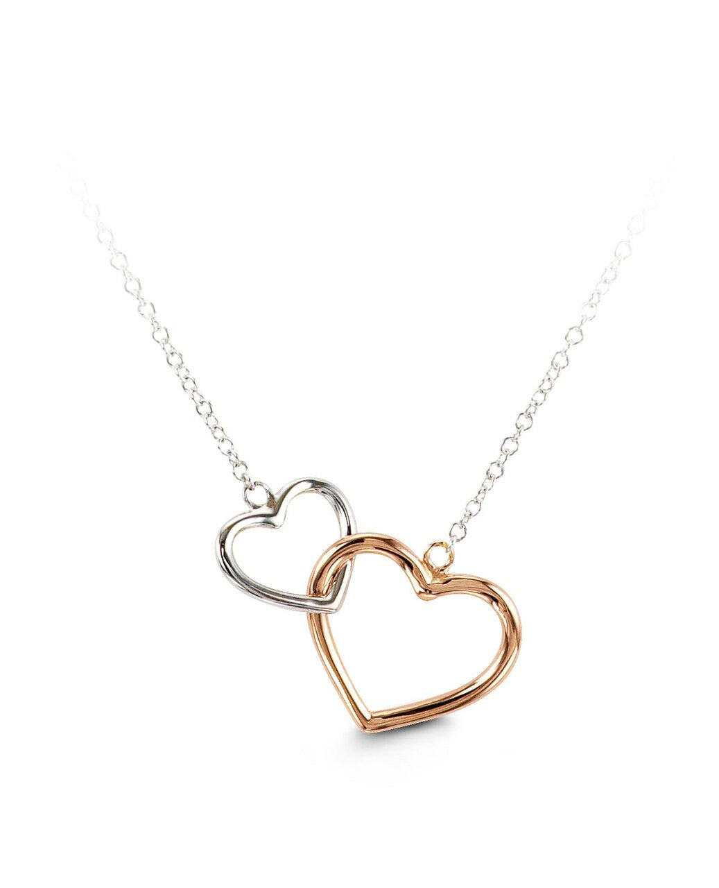 10K gold necklace with interlocking white gold and rose gold open hearts