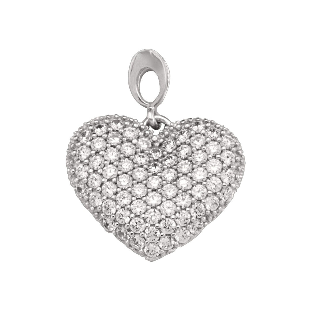 10K white gold puffed heart pendant covered in pavé cubic zirconia