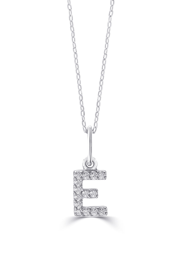 10K White Gold Diamond Initial E Pendant Necklace — product photo