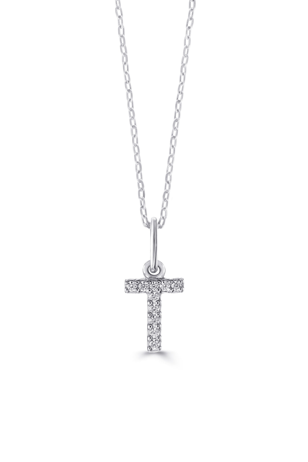 10K White Gold Diamond Initial T Pendant Necklace — product photo