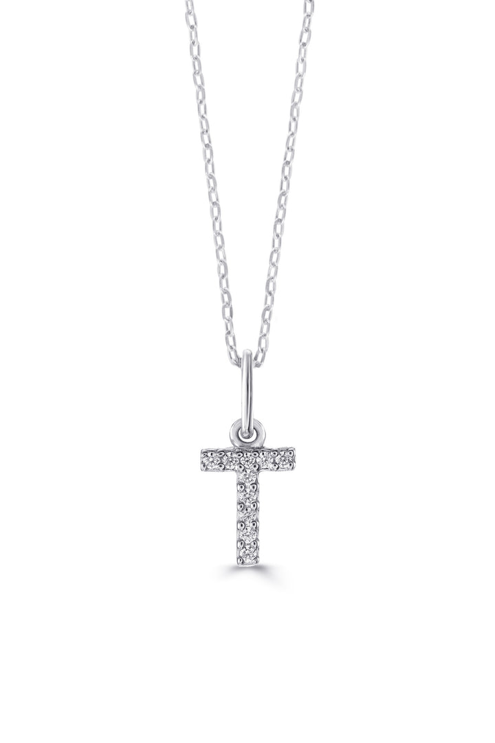 10K White Gold Diamond Initial T Pendant Necklace — product photo