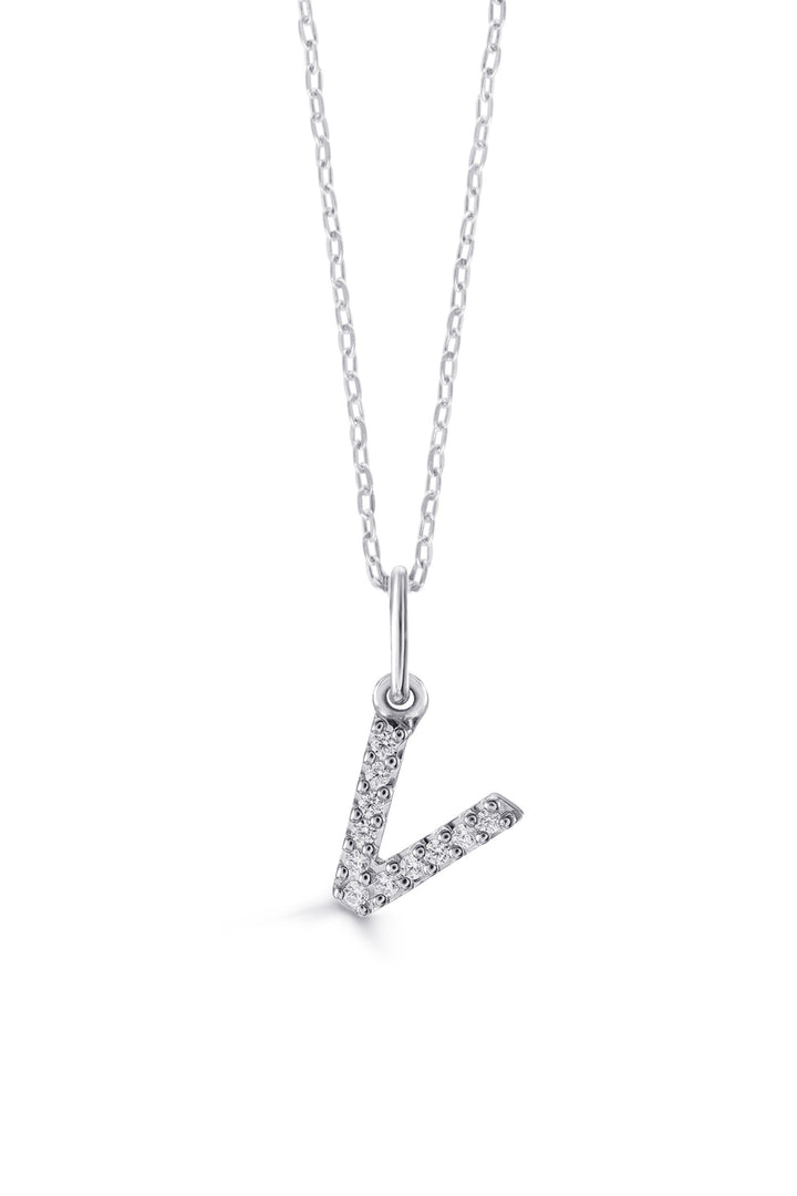 10K White Gold Diamond Initial V Pendant Necklace — product photo