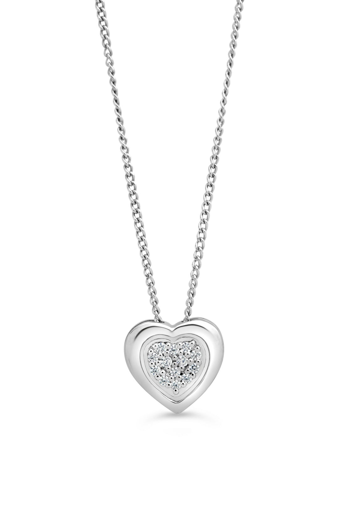 10K white gold heart pendant with pavé-set natural diamonds, on its chain