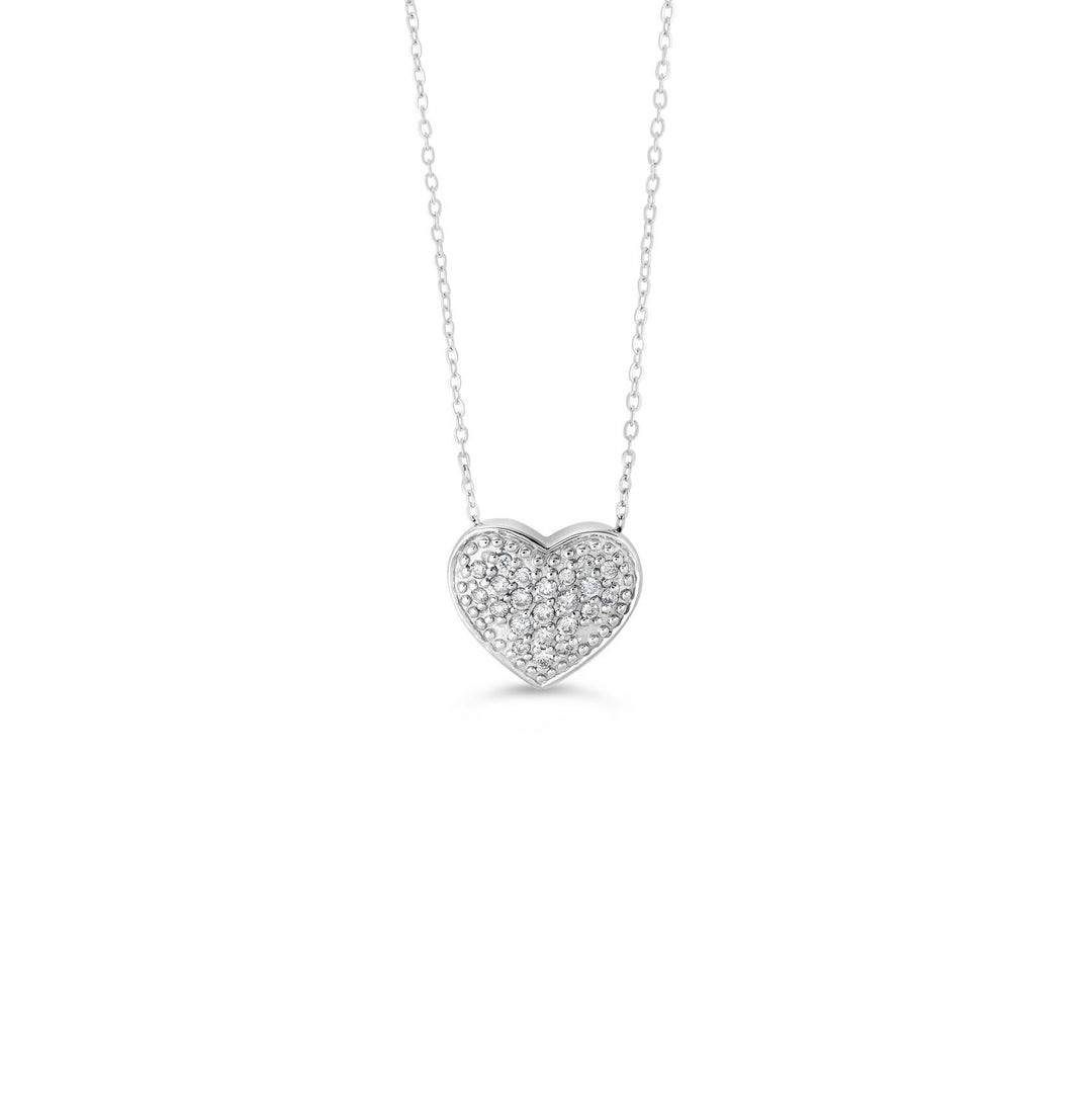 10K white gold heart pendant covered in pavé-set natural diamonds, on its cable chain
