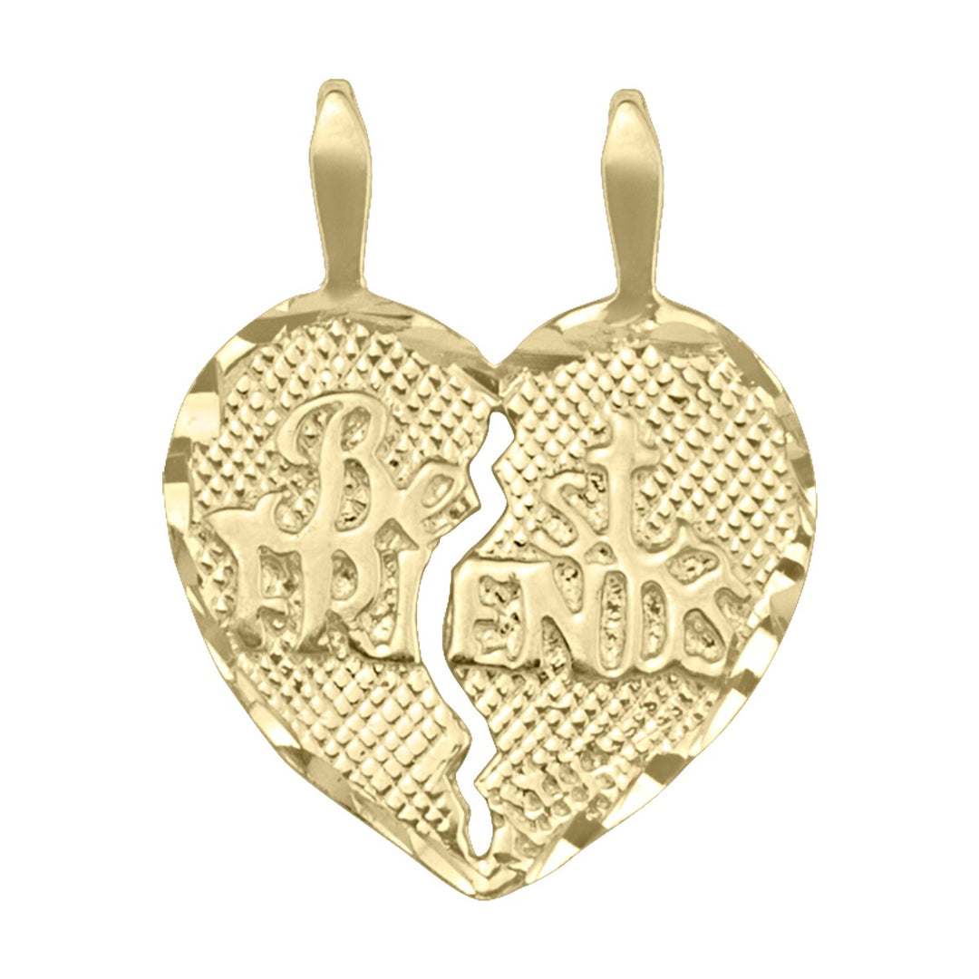 10K yellow gold split heart charm reading Best Friends, with a bail on each half