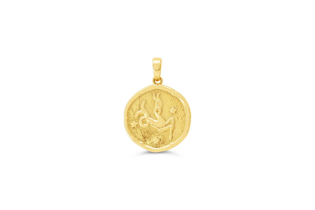 10K yellow gold Capricorn zodiac pendant: a round medallion with a sea-goat, with a goat's head and a curled fish tail raised in polished gold and small stars on a textured background