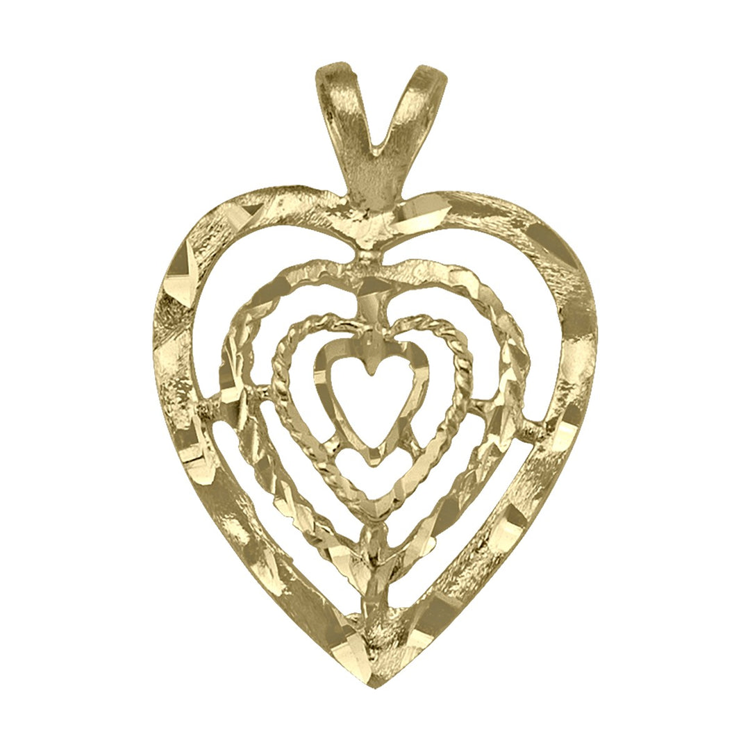 10K yellow gold charm with diamond-cut hearts nested inside an open heart frame