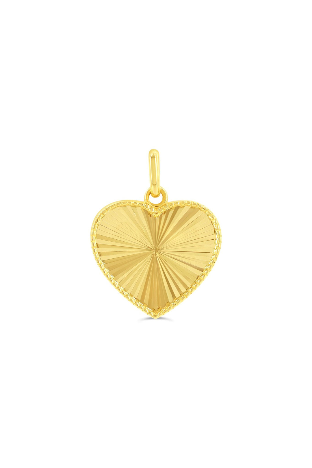 10K yellow gold heart pendant with diamond-cut sunburst lines, shown on its own