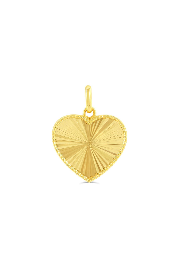 10K yellow gold heart pendant with diamond-cut sunburst lines, shown on its own
