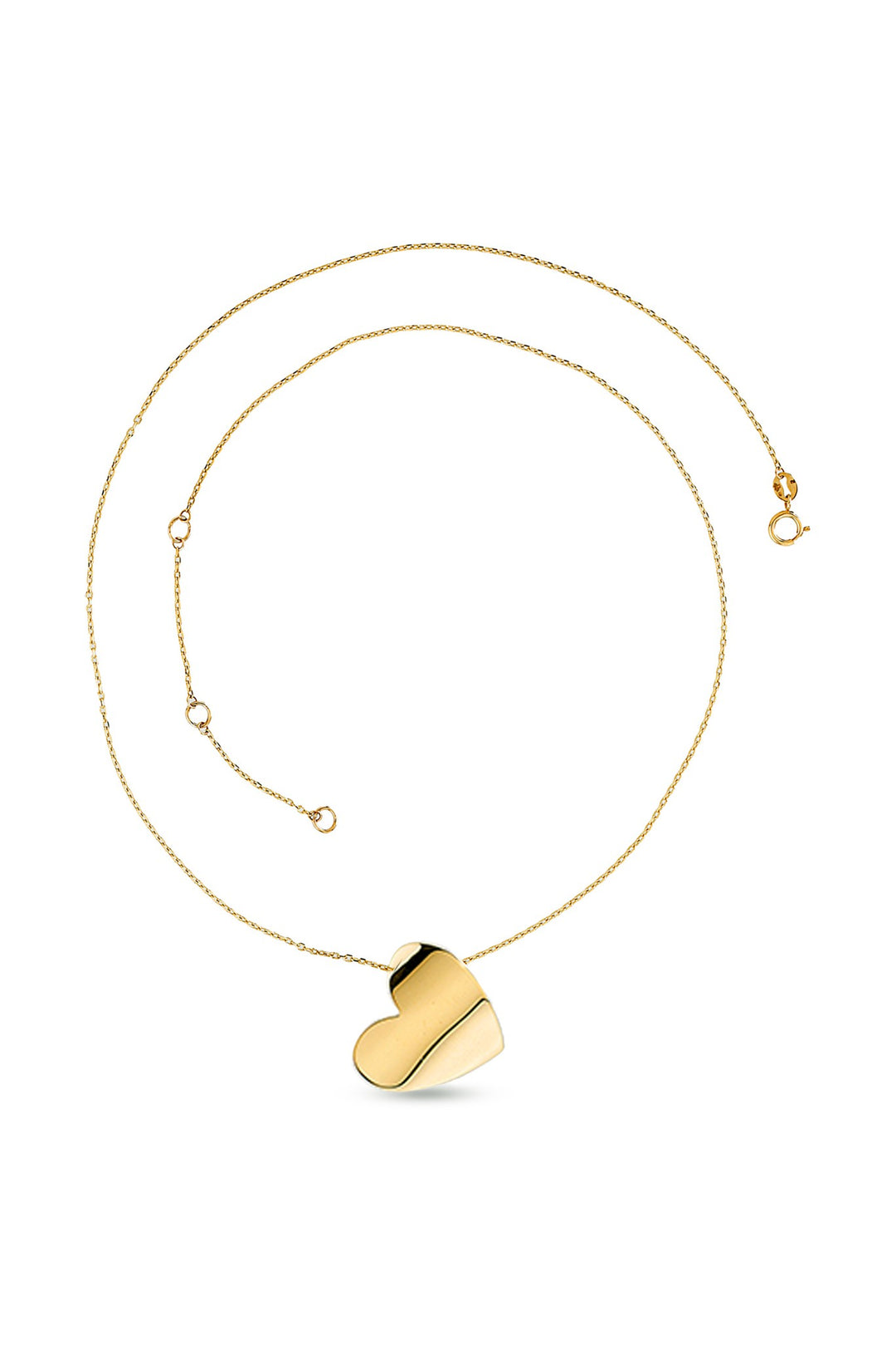 10K yellow gold necklace with a polished heart plate, full necklace view