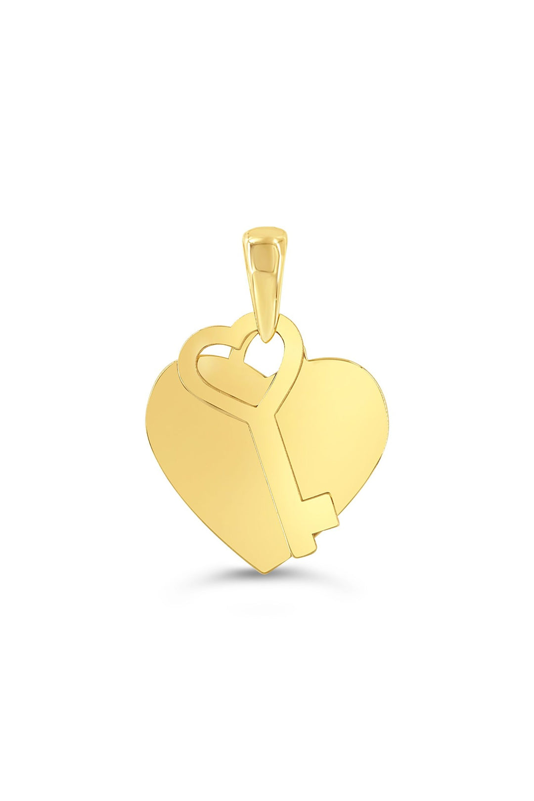 10K yellow gold flat heart pendant with a key across the front, shown on its own