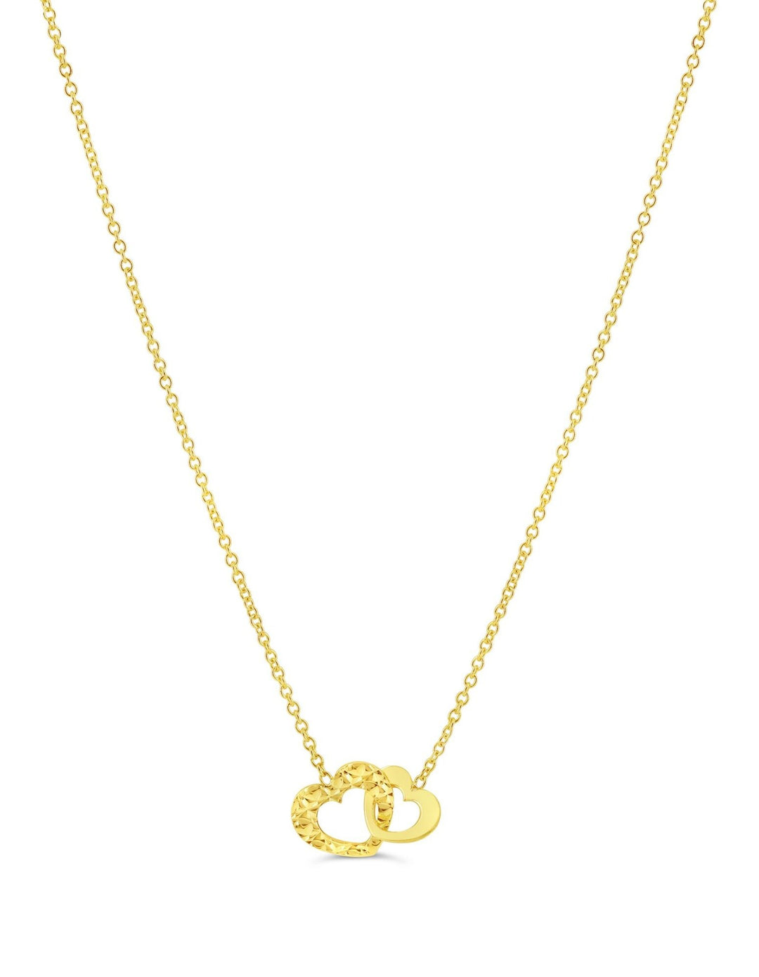 10K yellow gold necklace with two small interlocked open hearts