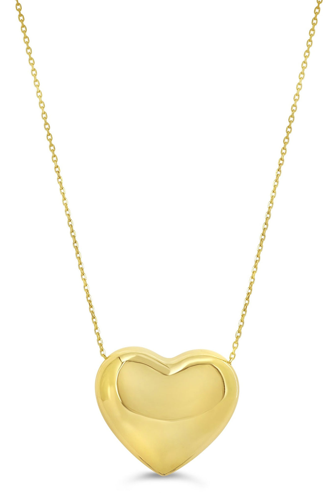 10K yellow gold necklace with a large polished puffed heart on a cable chain