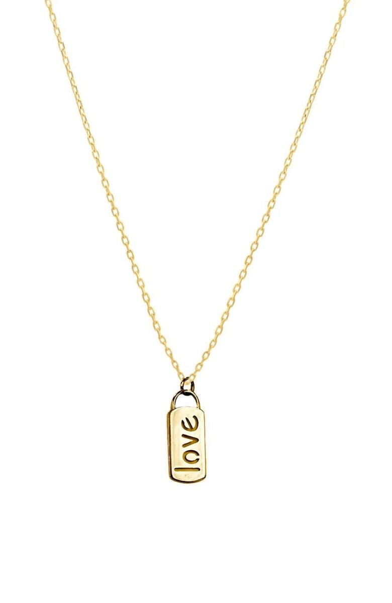 10K yellow gold rectangular tag pendant with the word love (shown on a chain; chain not included)