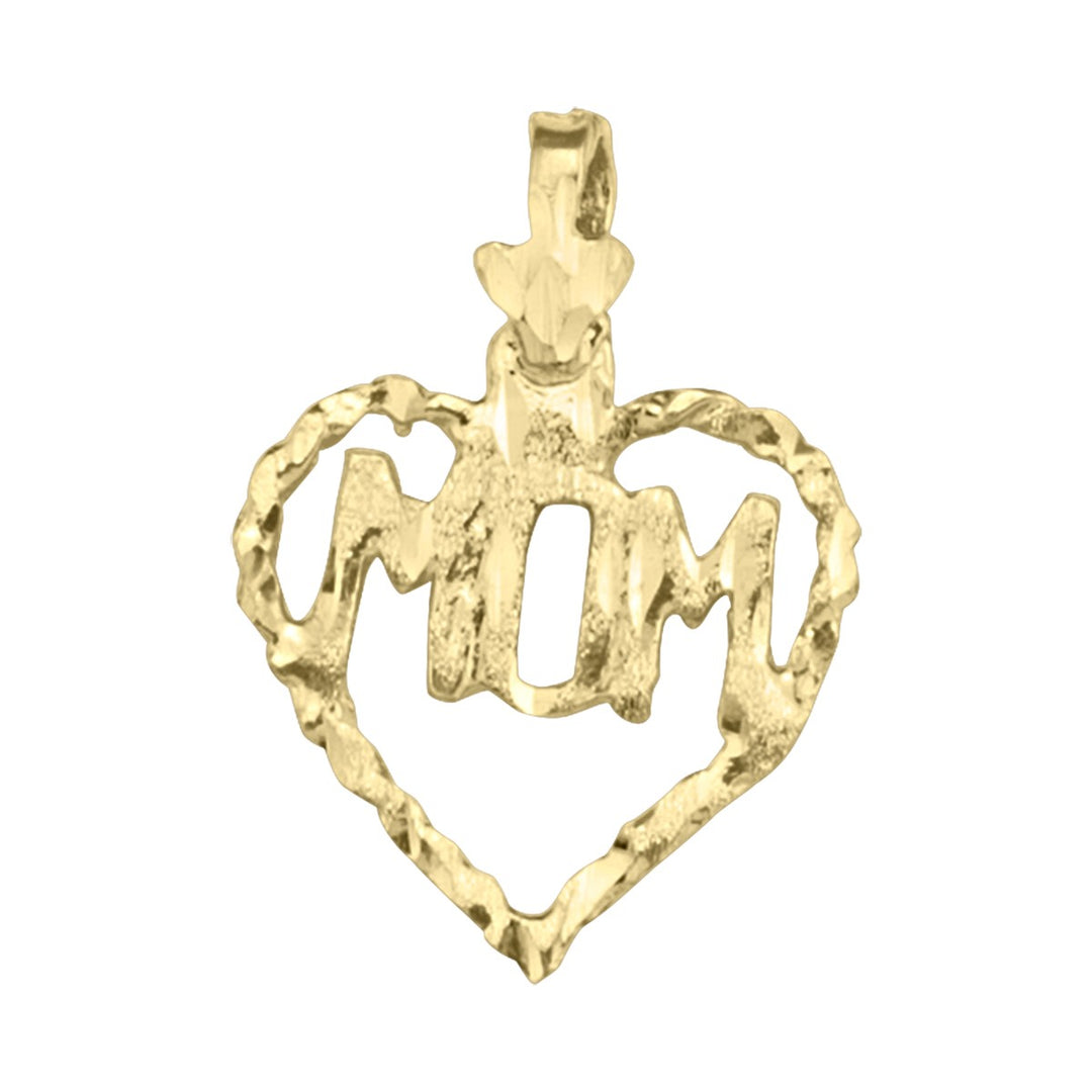 10K yellow gold open heart charm with a diamond-cut border and the word MOM