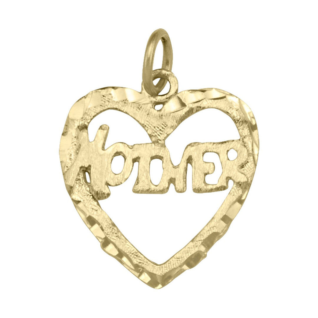 10K yellow gold open heart charm with a diamond-cut border and the word MOTHER