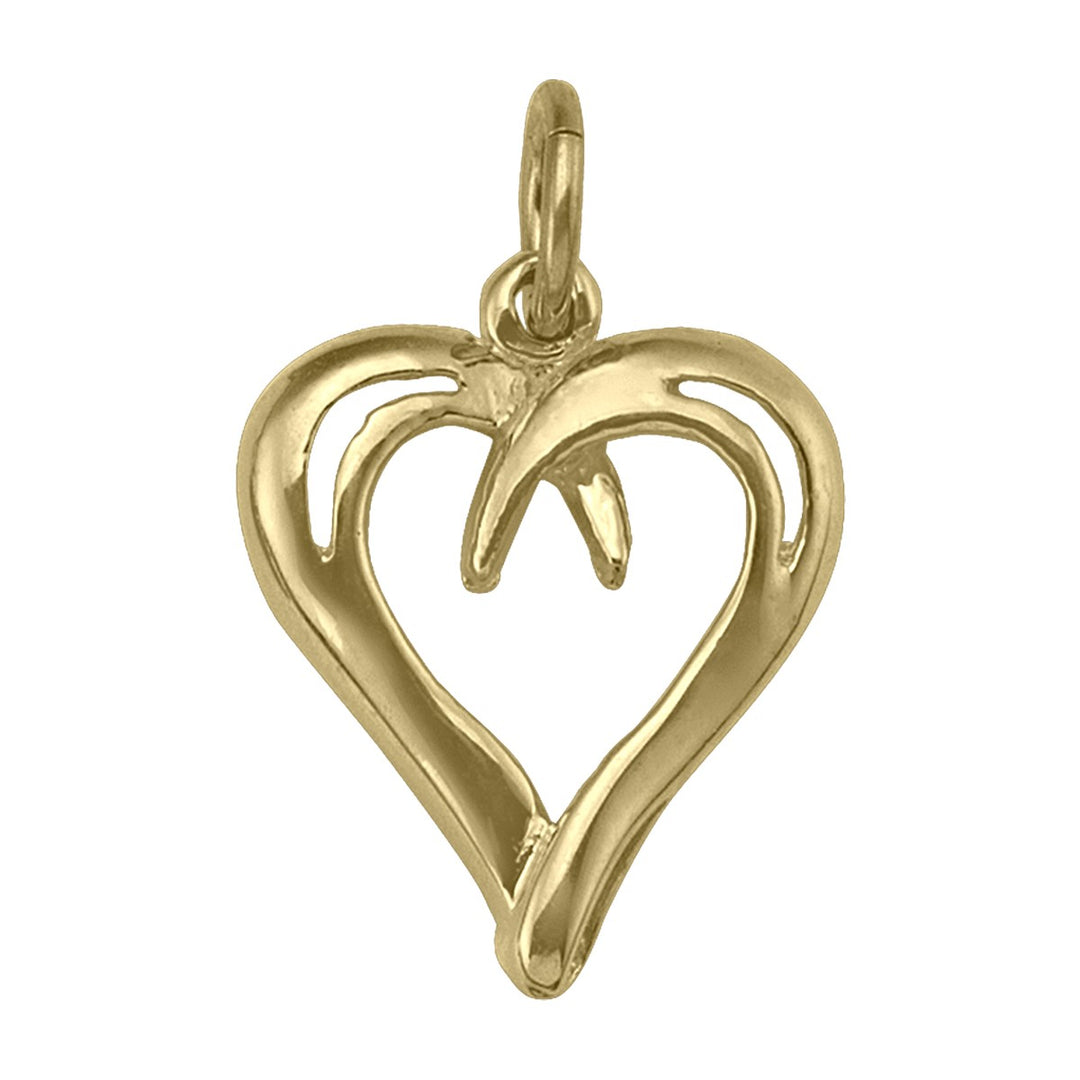 10K yellow gold open heart charm with a swirl curling in from the top