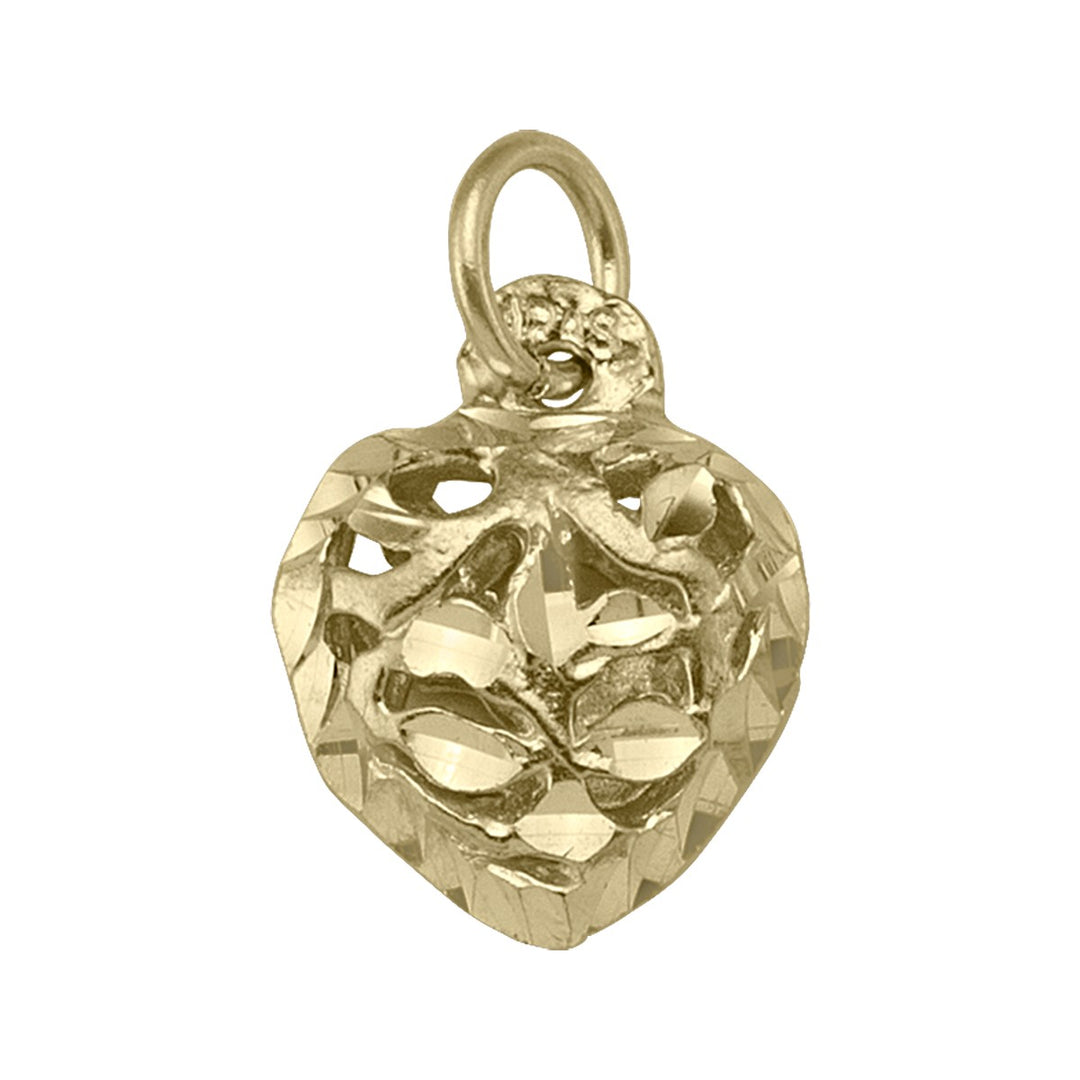 10K yellow gold puffed heart charm with pierced diamond-cut openwork