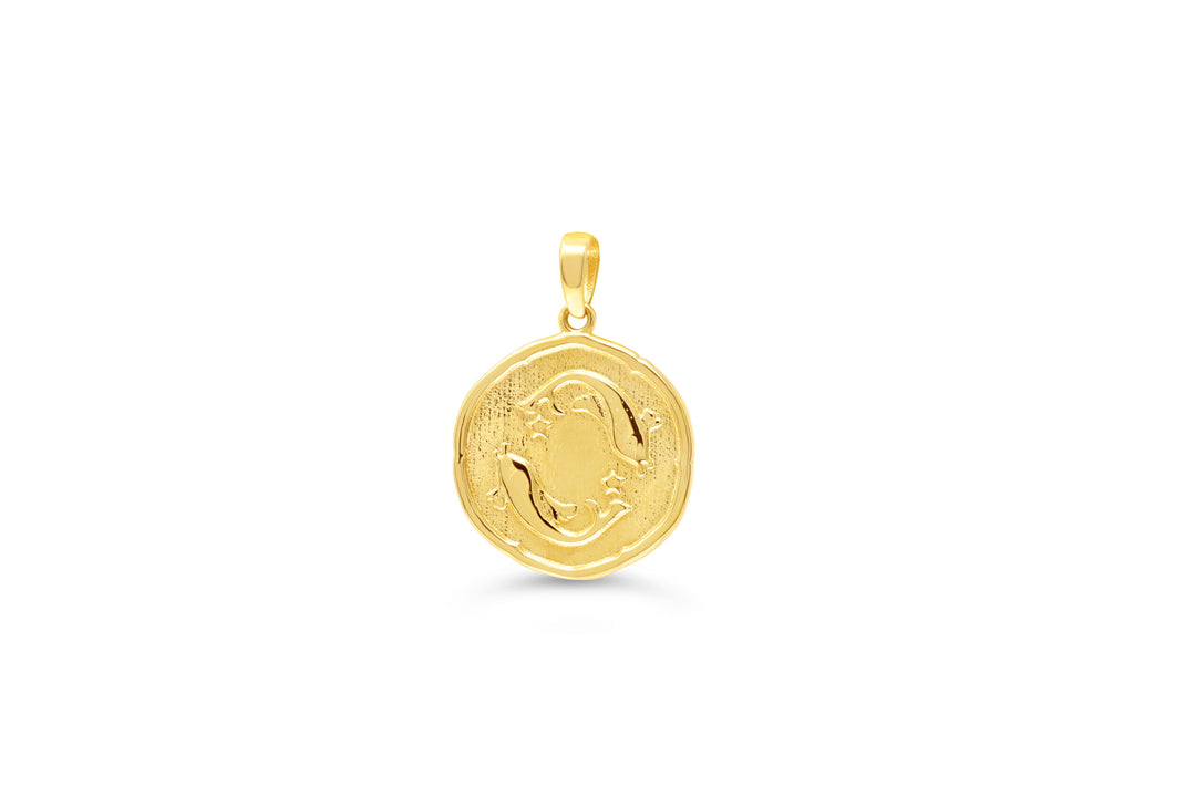 10K yellow gold Pisces zodiac pendant: a round medallion with two fish swimming in opposite directions raised in polished gold and small stars on a textured background