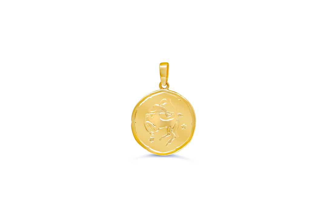 10K yellow gold Sagittarius zodiac pendant: a round medallion with a centaur archer drawing his bow raised in polished gold and small stars on a textured background