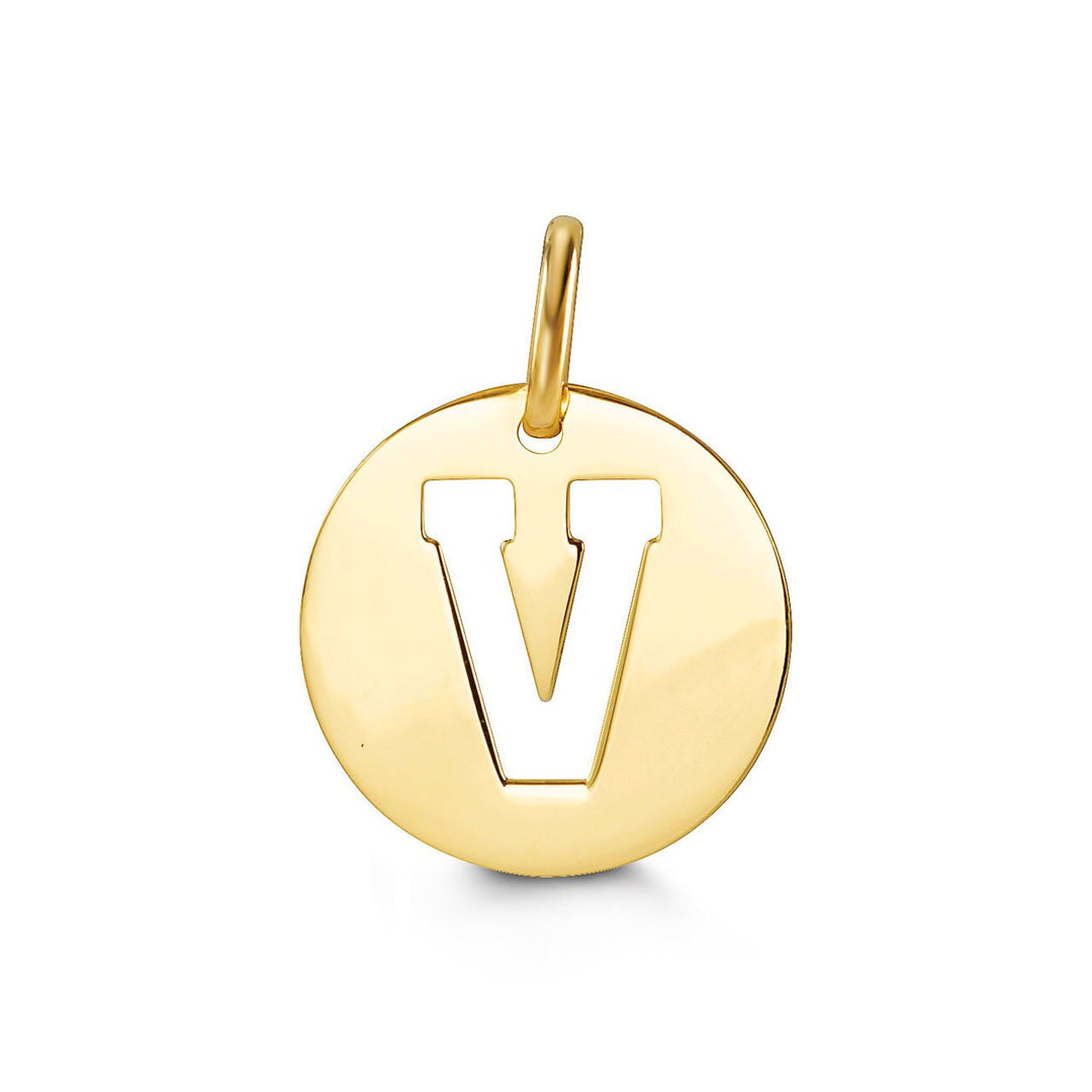 10K Yellow Gold Signatures Disc Initial V Pendant — product photo