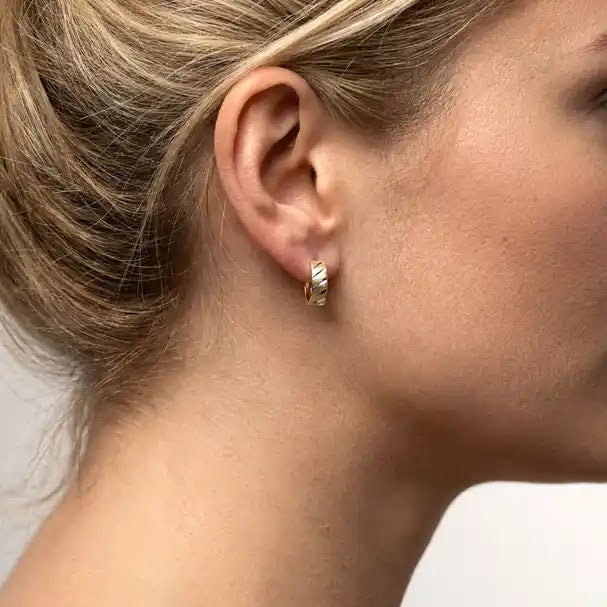 Two Tone Patterned Huggie Earrings - worn on ear