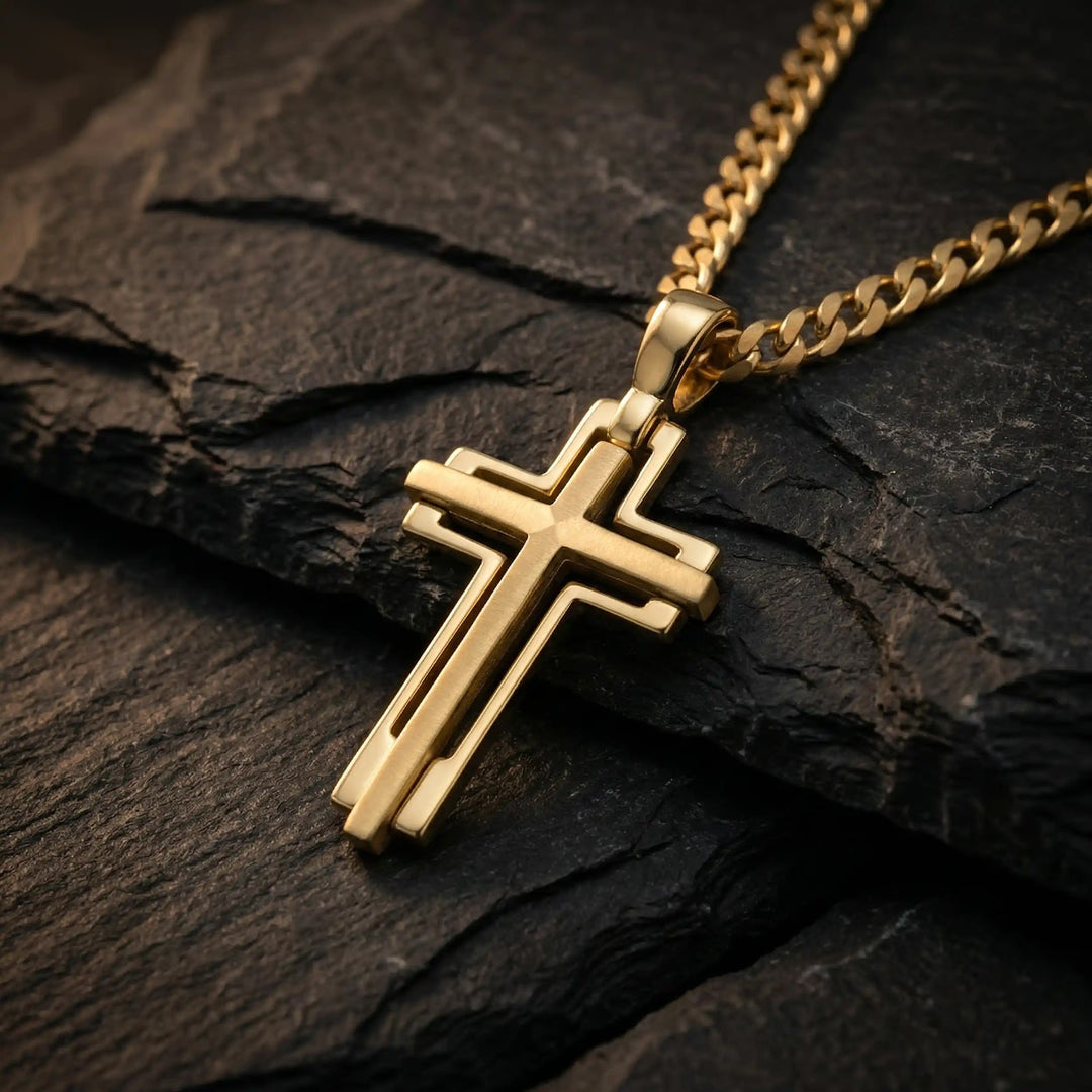 Layered Latin Yellow Gold Cross Pendant on stone
