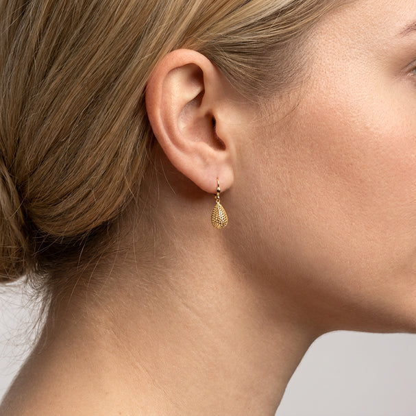 Yellow Gold Fancy Diamond Cut Tear Drop Earrings - worn on ear