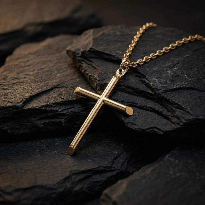 Tubular Latin Yellow Gold Cross Pendant on stone
