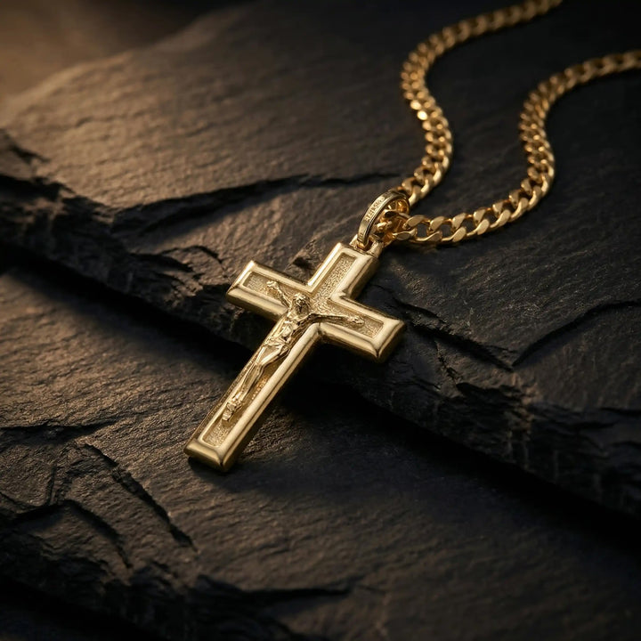 Latin Crucifix Yellow Gold Cross Pendant on stone