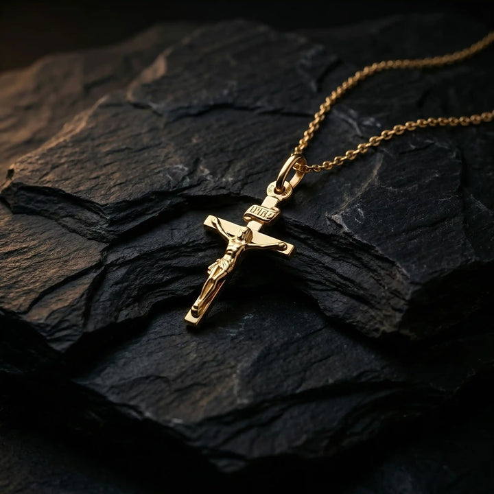 Latin Crucifix Yellow Gold Cross Pendant on stone