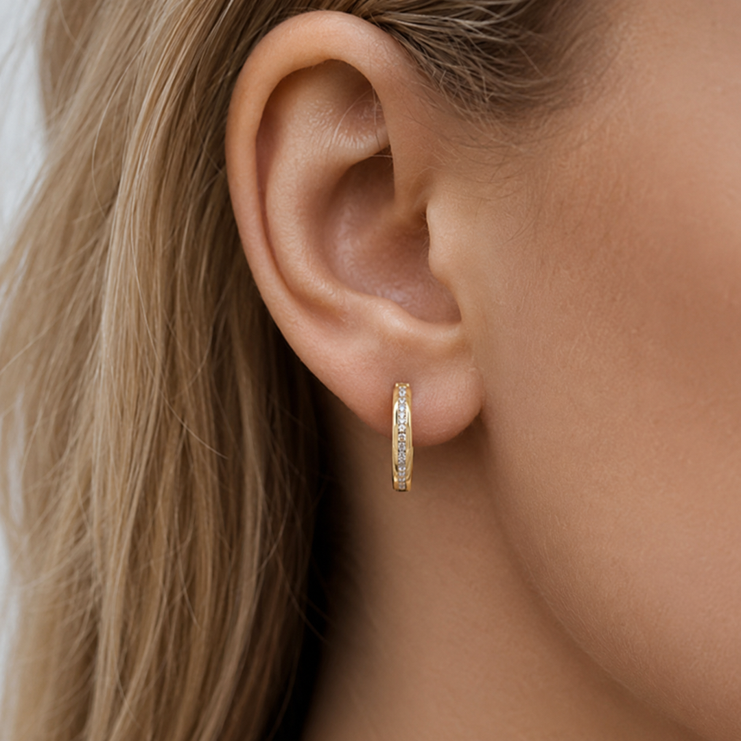 Yellow Gold CZ Hoop Earrings, 14mm - worn on ear