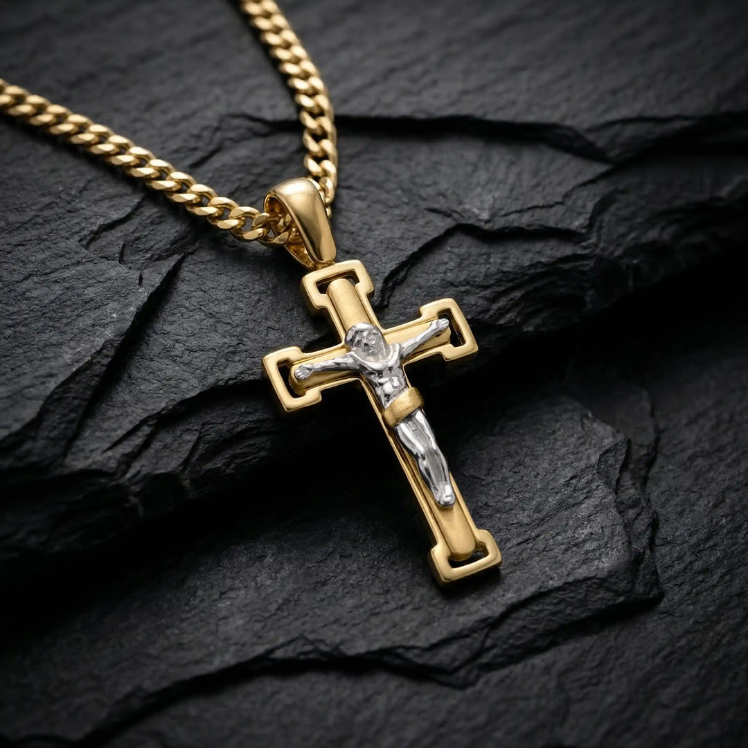Two-Tone Crucifix Two-Tone Gold Cross Pendant on stone