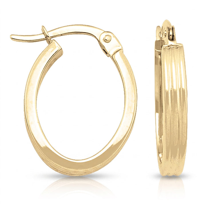 Yellow Gold Oval Patterned Hoop Earrings, 13.4mm