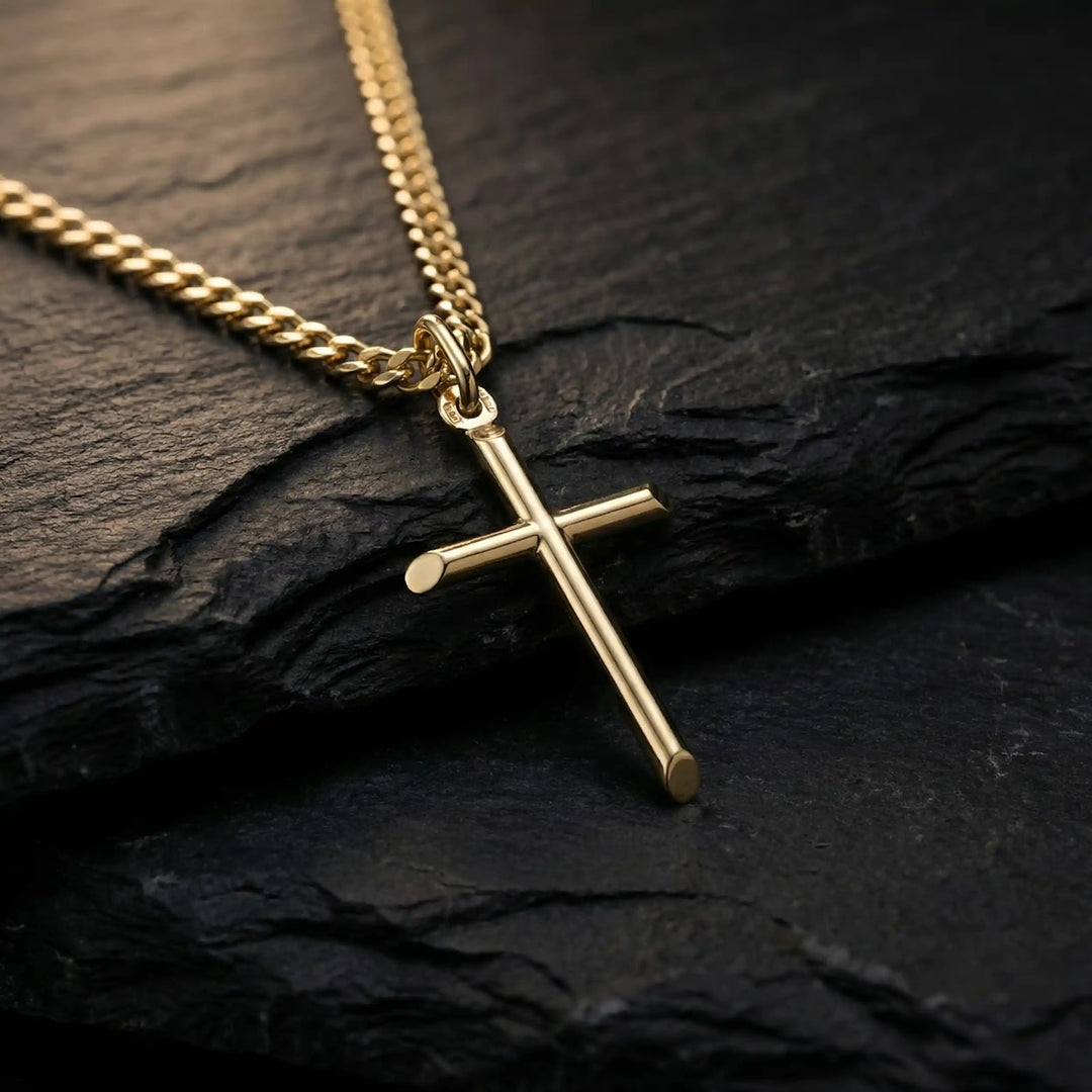 Tubular Latin Yellow Gold Cross Pendant on stone