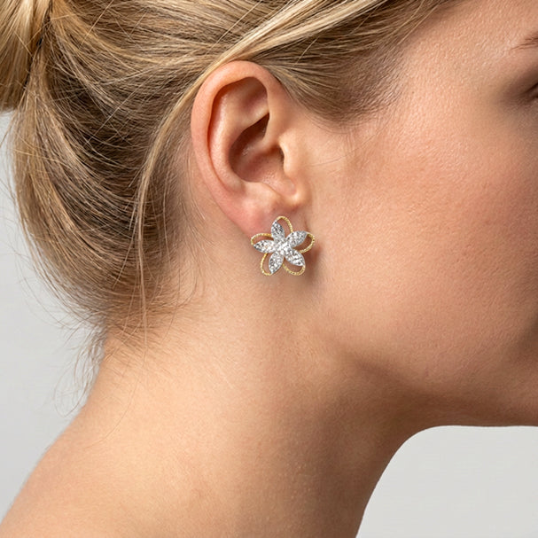 Two Tone Flower Stud Earrings - worn on ear