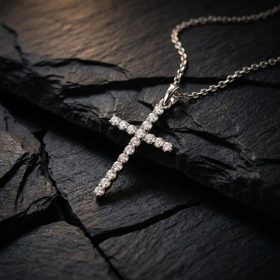 Prong-Set Latin White Gold Cross Pendant on stone