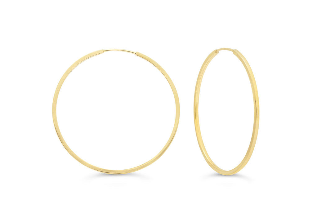 10K gold hoop sleepers earrings with a polished finish, 1mm width, and 42mm length.