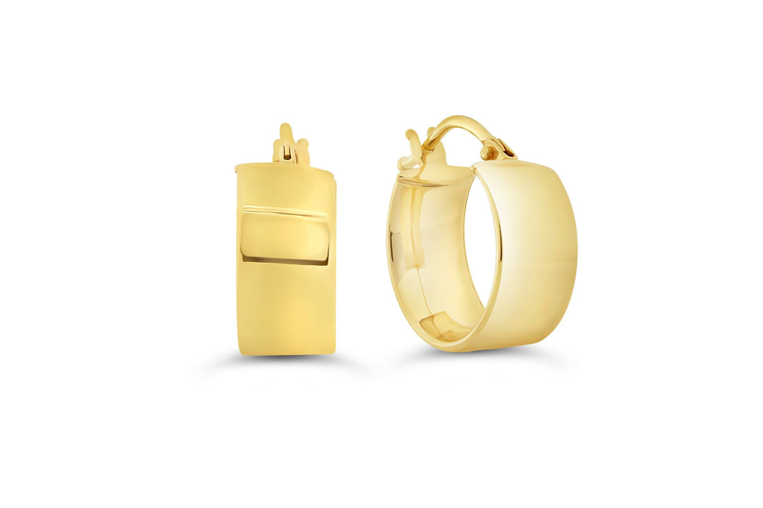 10K yellow gold polished hoop earrings with a sleek design and secure latch-back closure for timeless elegance.