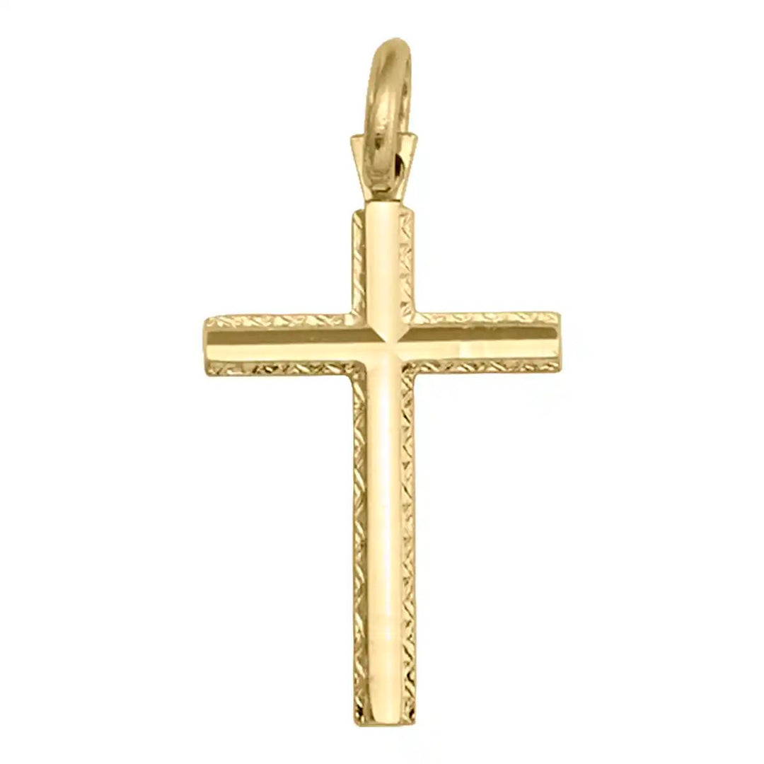 Textured Latin Yellow Gold Cross Pendant on white background
