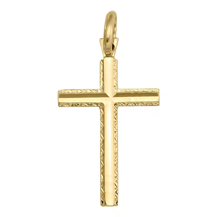 Textured Latin Yellow Gold Cross Pendant on white background