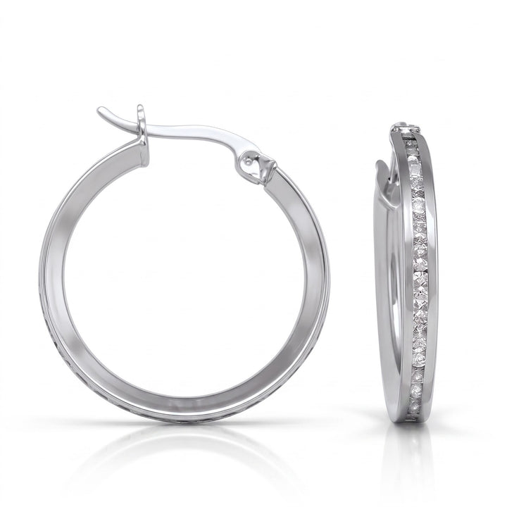 White Gold CZ Hoop Earrings, 19mm