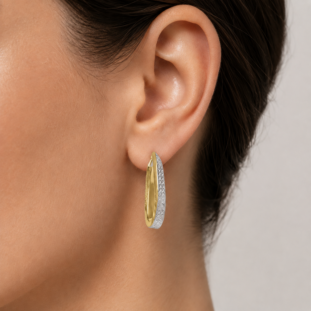 Two Tone Oval Fancy Hoop Earrings, 20mm - worn on ear